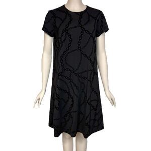 J.McLaughlin Women’s Chain Print Black Shift Dress Velvet Accents Size M